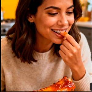 Mujer disfrutando de costillas agridulces premium a domicilio