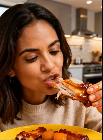 mujer sonriente disfrutando de costillas agridulces Antójate Ya con salsa brillante