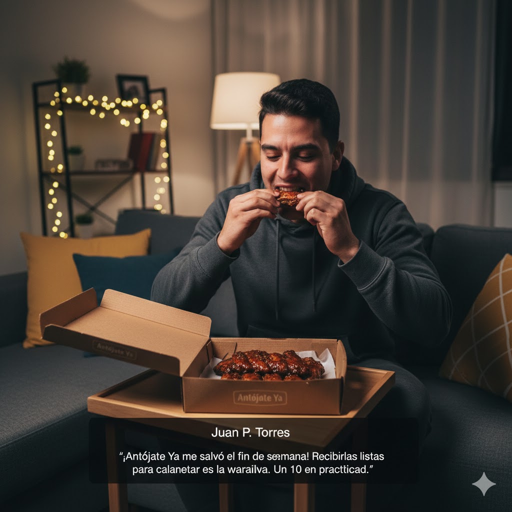hombre relajado comiendo costillas Antójate Ya en el sofá de su casa desde una caja para llevar